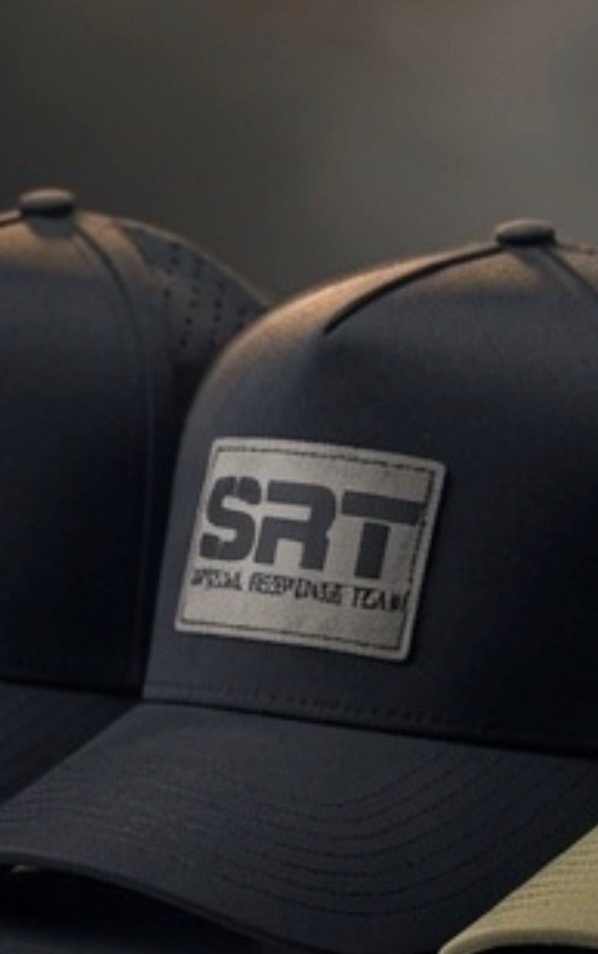 Black performance SRT hat. Grey and black logo (rubber Snapchat) 5 panel