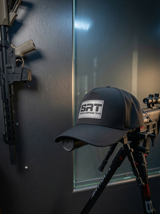 Black performance SRT hat. Grey and black logo (rubber Snapchat) 5 panel